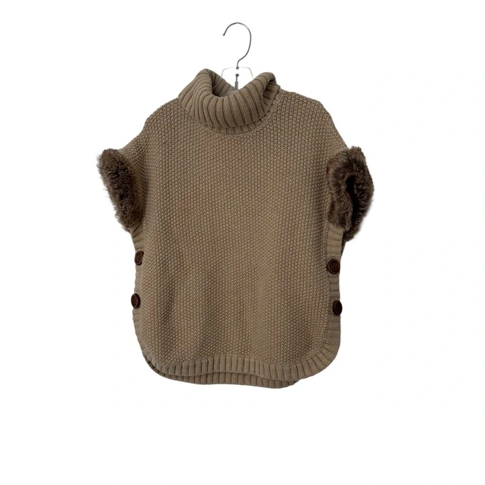 Aspen Kids Elegant Tan Cowl Neck Sweater with Faux Fur Trim Girls Size 7/8